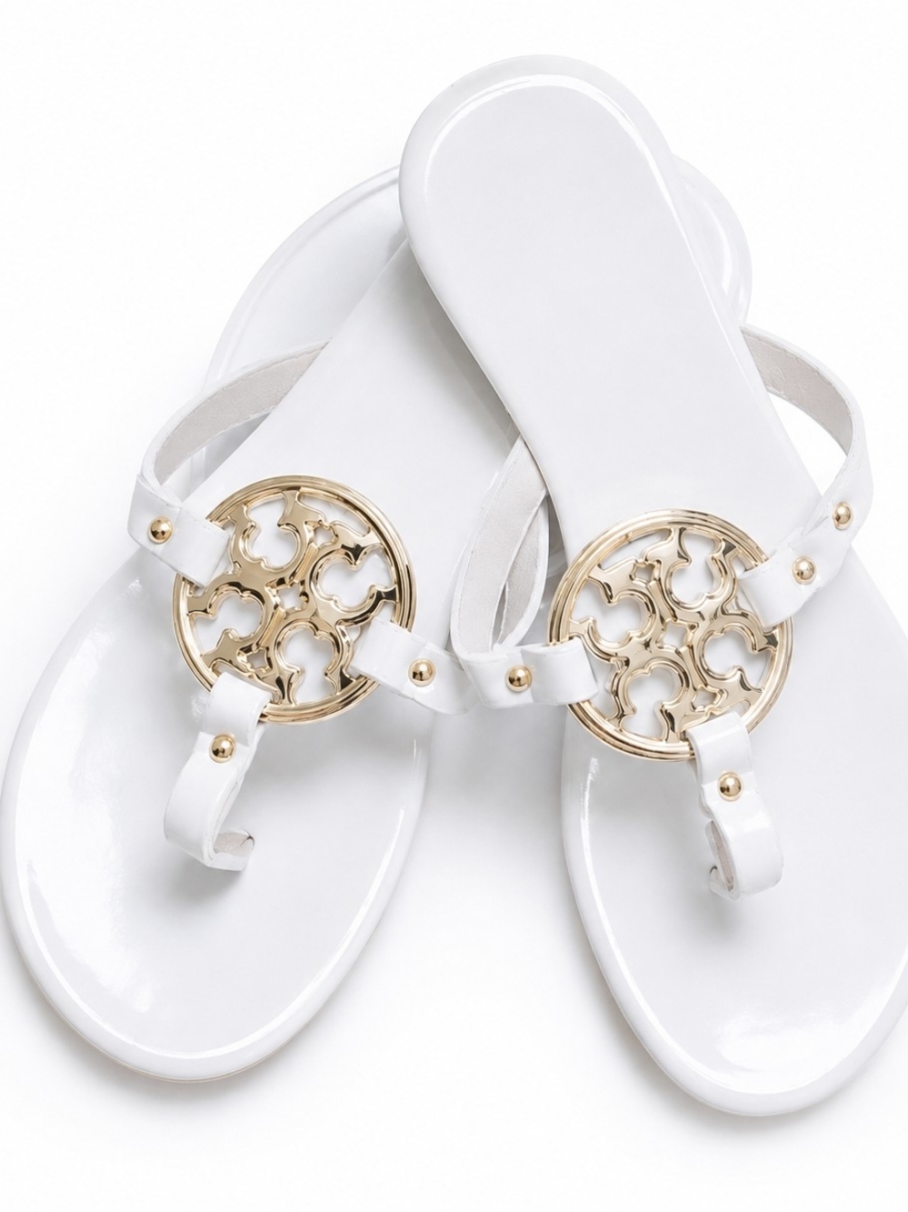 White & Gold Medallion Thong Sandals – Women’s